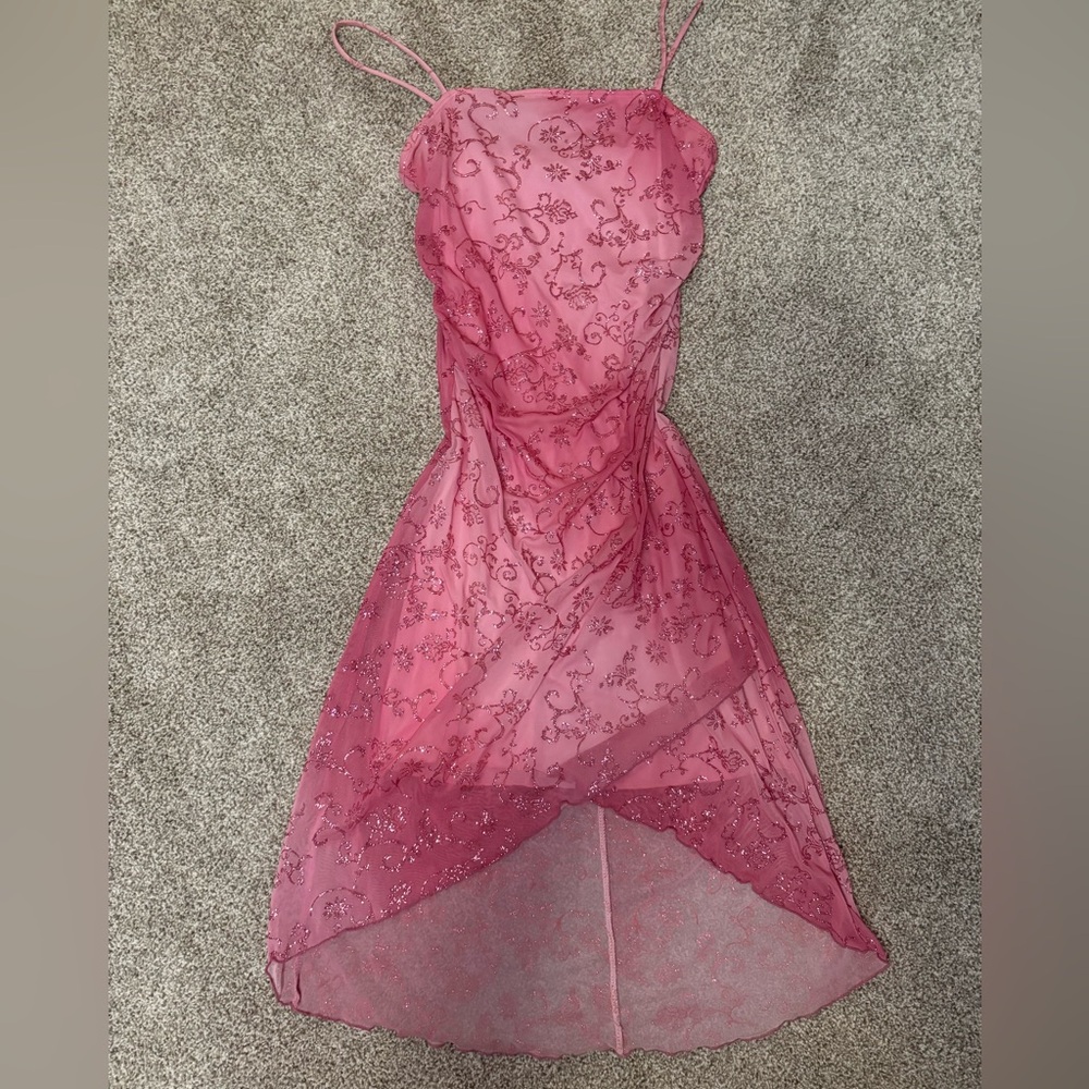 Taboo Fairy Core Pink High Low Dress with Floral Embroidery